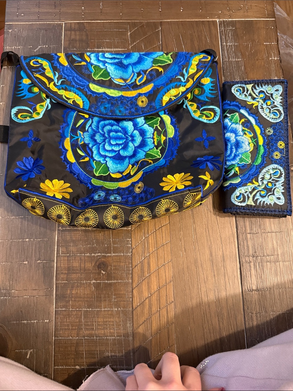 Embroidered Floral Black Crossbody with Matching Wallet